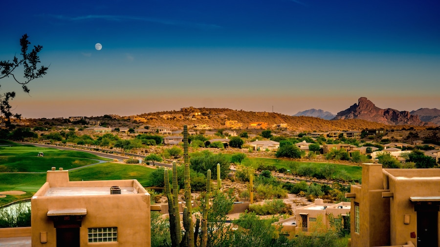 Fountain Hills showing tranquil scenes, a small town or village and a sunset