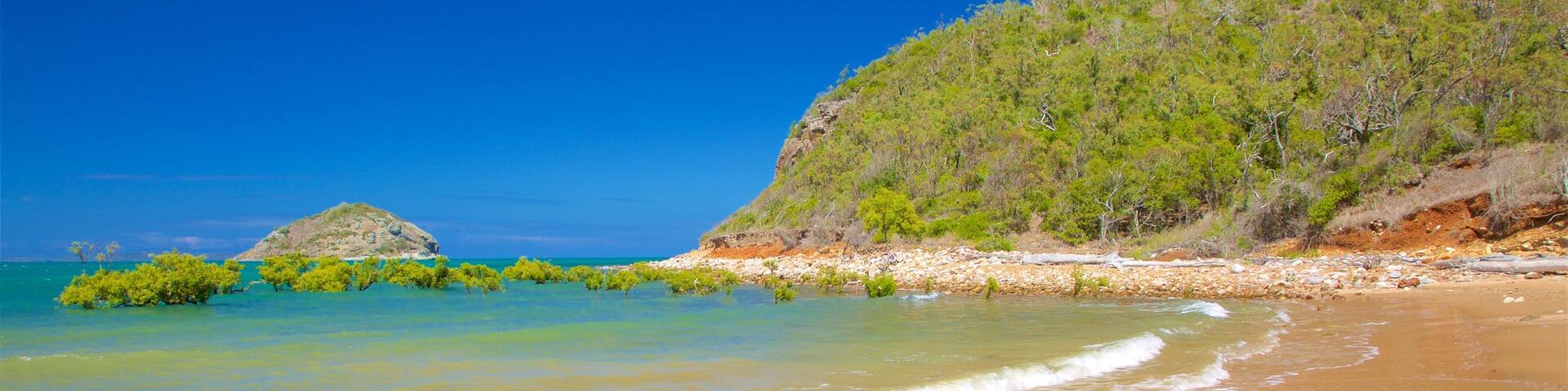 Yeppoon welches beinhaltet Strand und allgemeine KĂŒstenansicht
