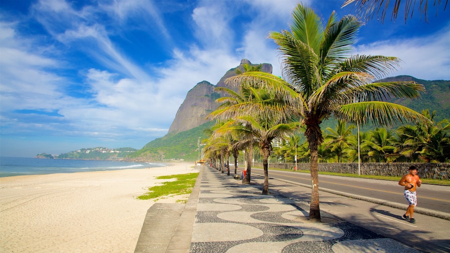 Avenida Atlantica showing general coastal views, mountains and a sandy beach