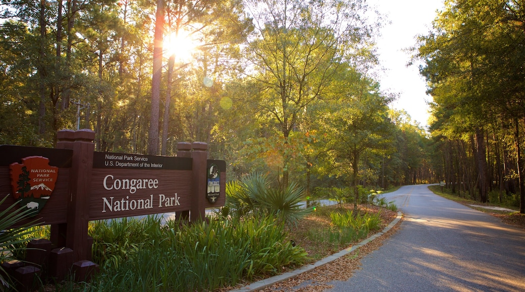 Columbia showing a sunset, forests and signage