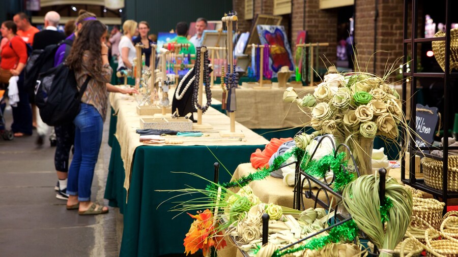 Handmade goods and sweetgrass baskets displayed at Charleston City Market.