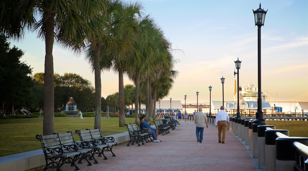 Waterfront Park showing a garden and a sunset as well as a small group of people