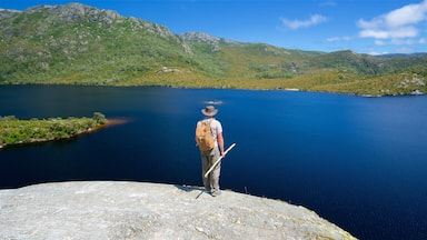 Cradle Mountain montrant scènes tranquilles et lac ou étang aussi bien que homme