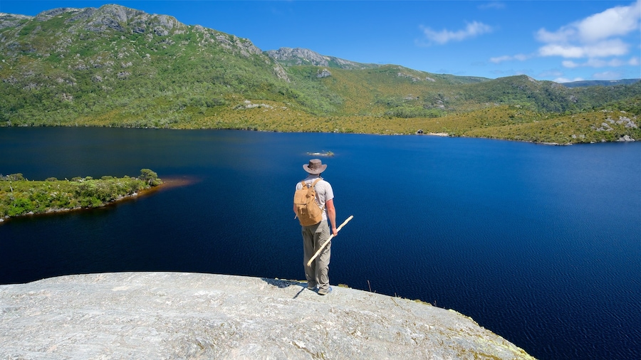 Cradle Mountain which includes tranquil scenes and a lake or waterhole as well as an individual male