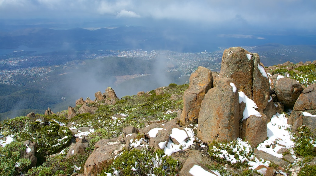 Mt. Wellington toont vredige uitzichten, mist of nevel en landschappen