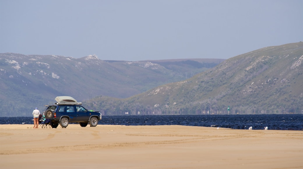 Strahan che include spiaggia, vista della costa e escursioni