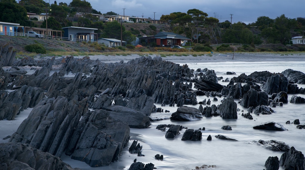 Penneshaw featuring a sandy beach, rocky coastline and a coastal town