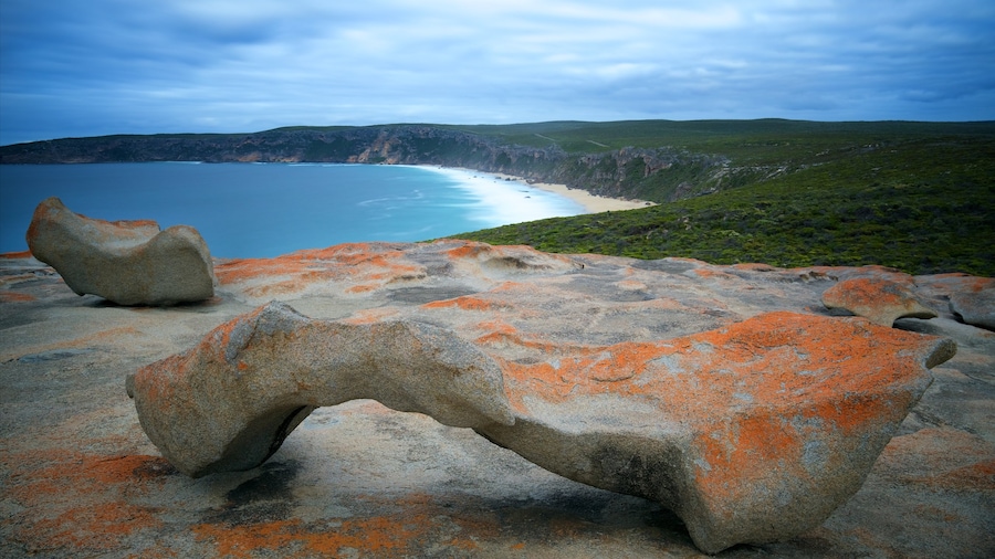 Flinders Chase Nationalpark som viser barsk kystlinje, en sandstrand og udsigt over landskaber
