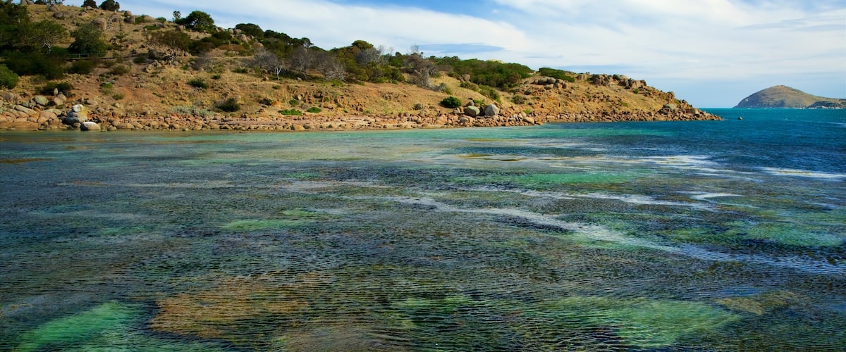 Granite Island mostrando vista a una isla, arrecifes coloridos y costa rocosa