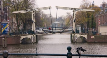 Skinny Bridge som viser en lille by eller en landsby, en bro og en flod eller et vandløb