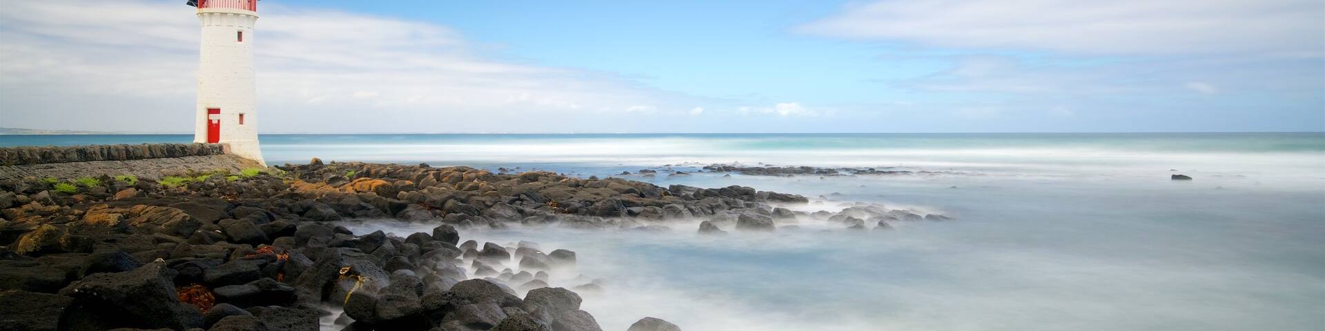 Griffiths Island Lighthouse showing a bay or harbour, rugged coastline and a lighthouse