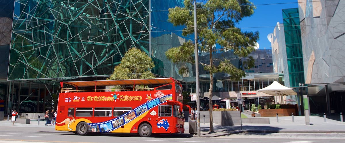 Federation Square which includes modern architecture, a city and street scenes