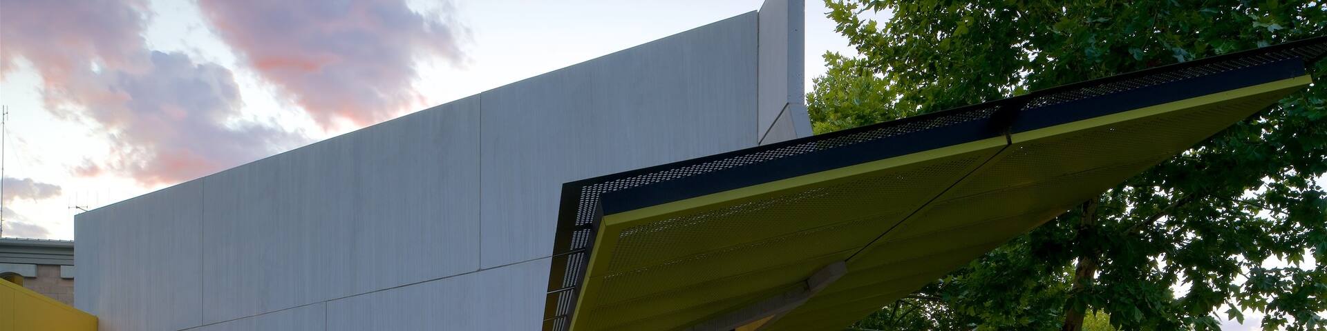 Bendigo Library which includes an administrative buidling, modern architecture and a sunset
