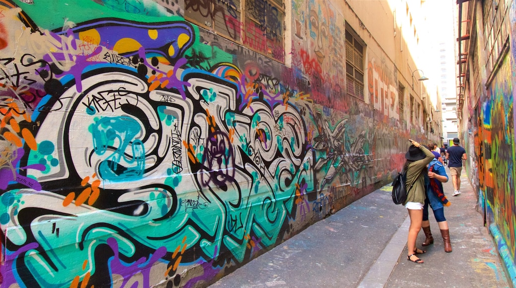Melbourne mostrando arte al aire libre y también un pequeño grupo de personas