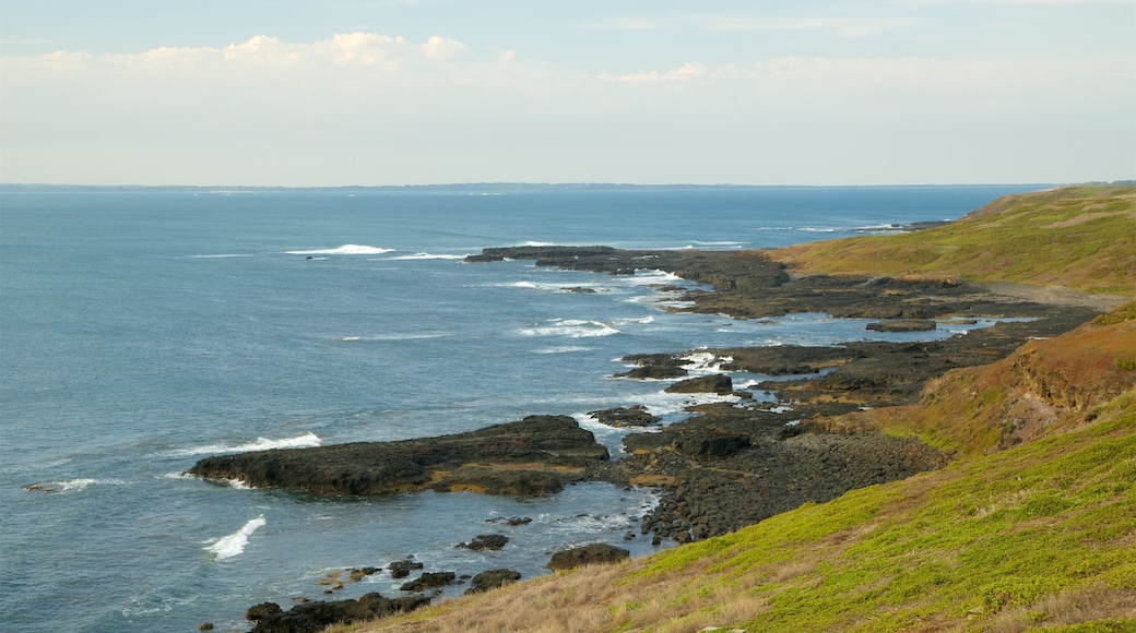 Phillip Island toont een baai of haven en ruige kustlijn