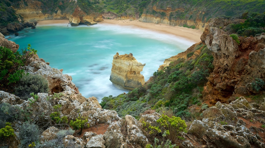 Warrnambool showing rocky coastline, a sandy beach and a bay or harbour