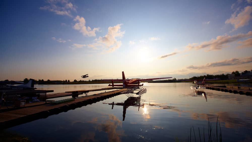 Kenai showing a sunset, a bay or harbour and aircraft