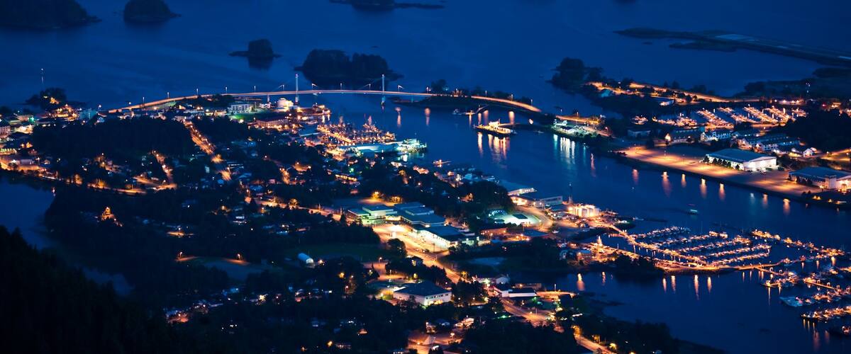 Sitka showing a marina, night scenes and a bay or harbour