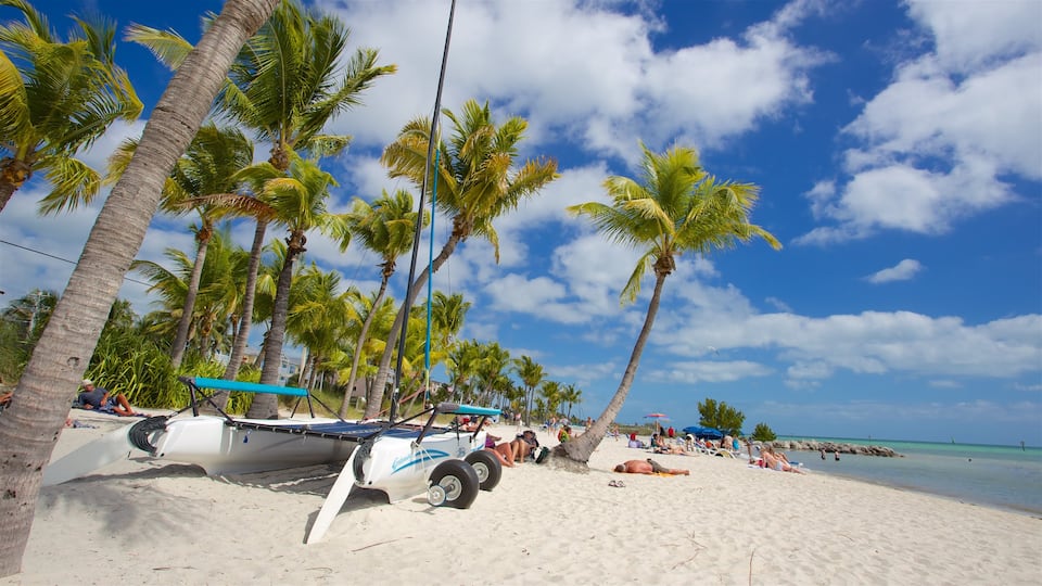 Smathers Beach featuring a bay or harbour and a sandy beach as well as a small group of people