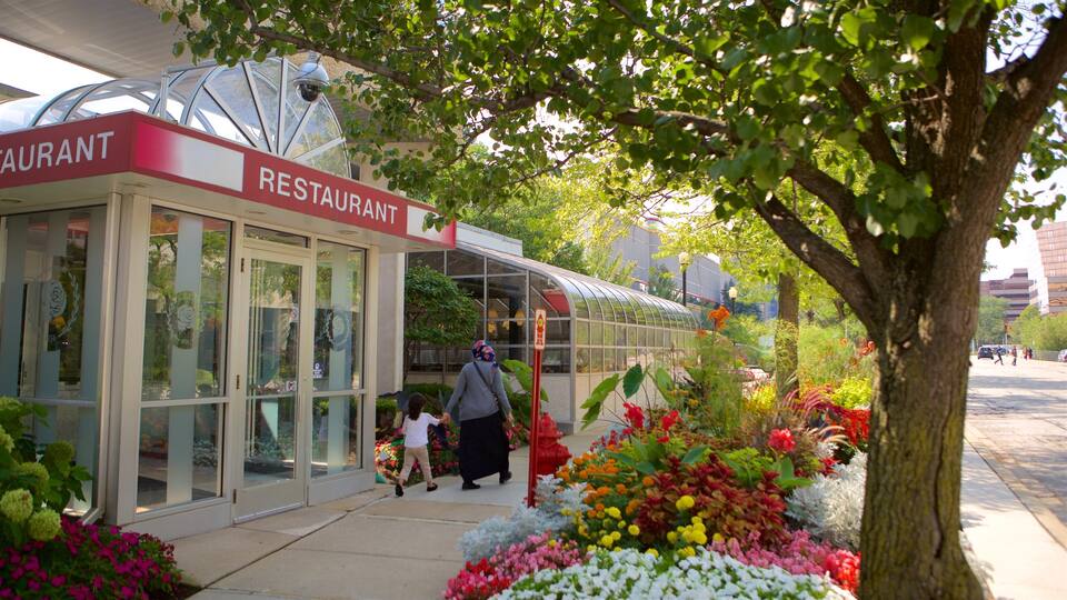 Rosemont fasiliteter samt blomster og gatescener i tillegg til en liten gruppe med mennesker