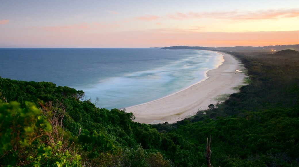 Byron Bay featuring a sandy beach, a bay or harbor and forests