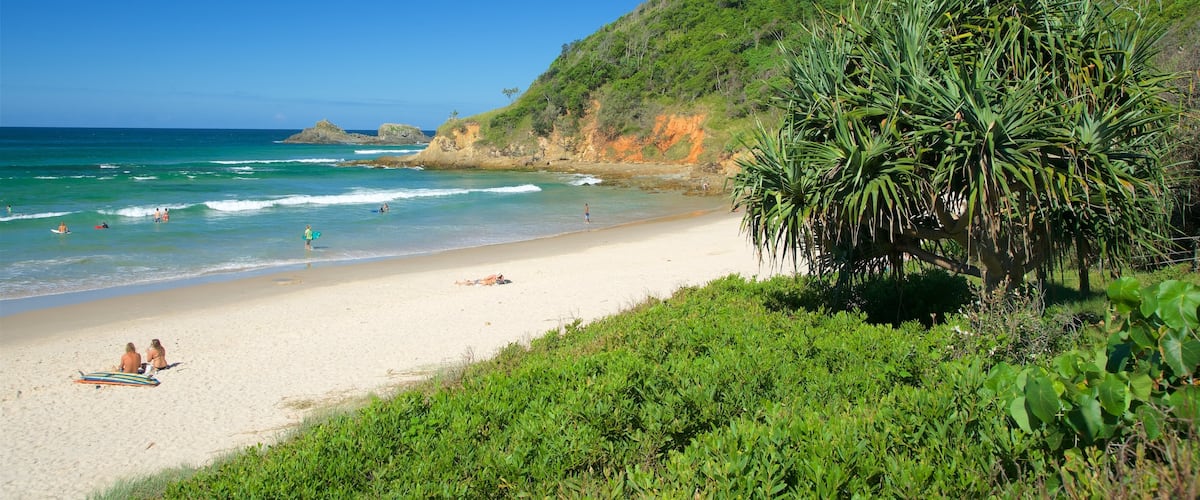 Broken Head showing a bay or harbour, surf and rugged coastline
