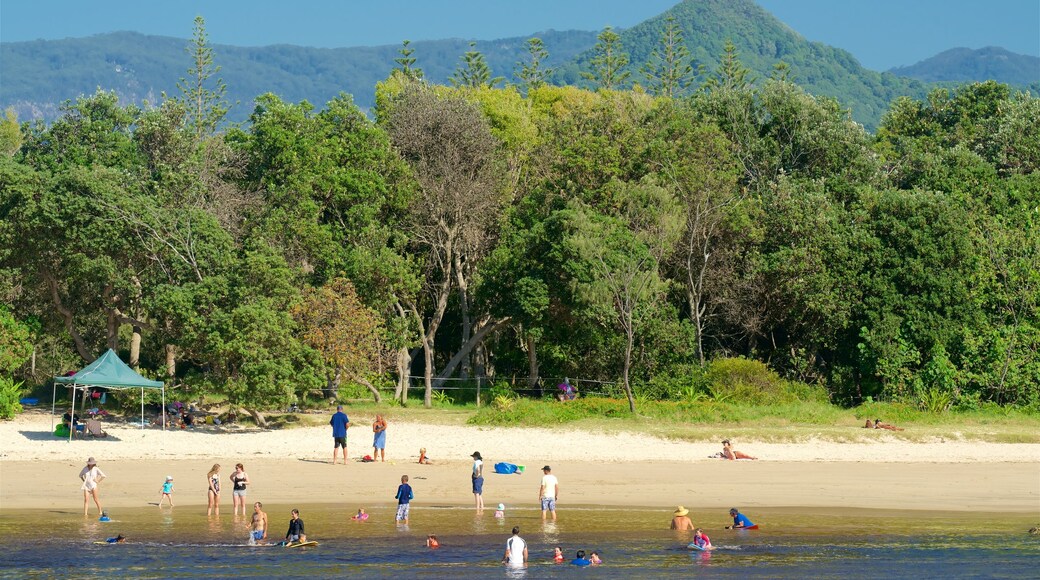 Byron Bay que incluye un lago o espejo de agua y también un gran grupo de personas