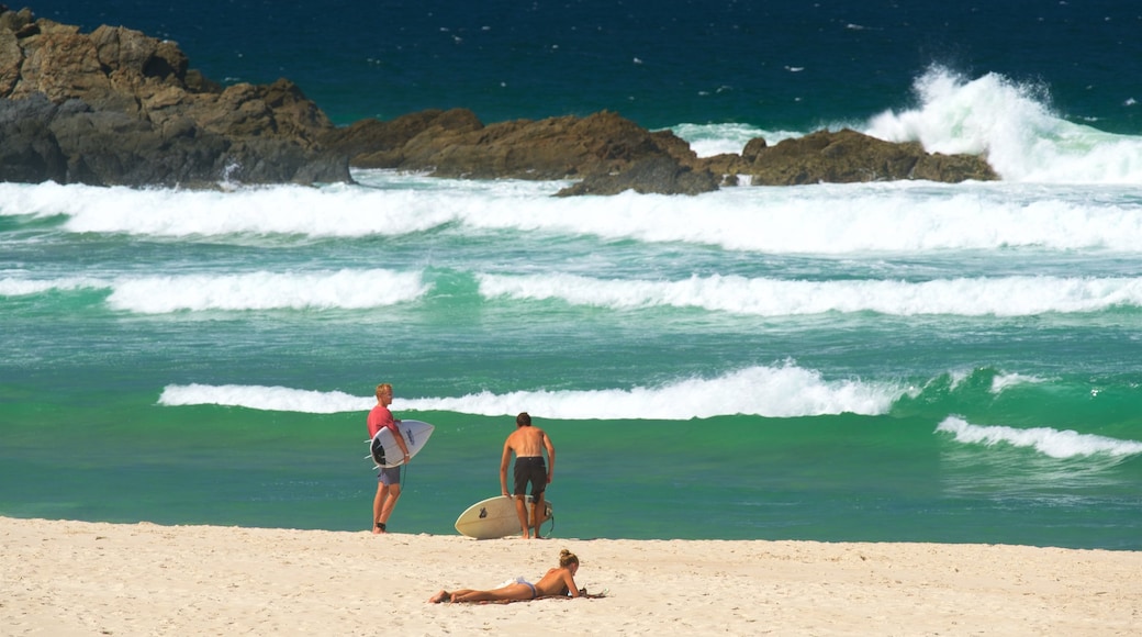 Tallow Beach which includes a beach and rocky coastline