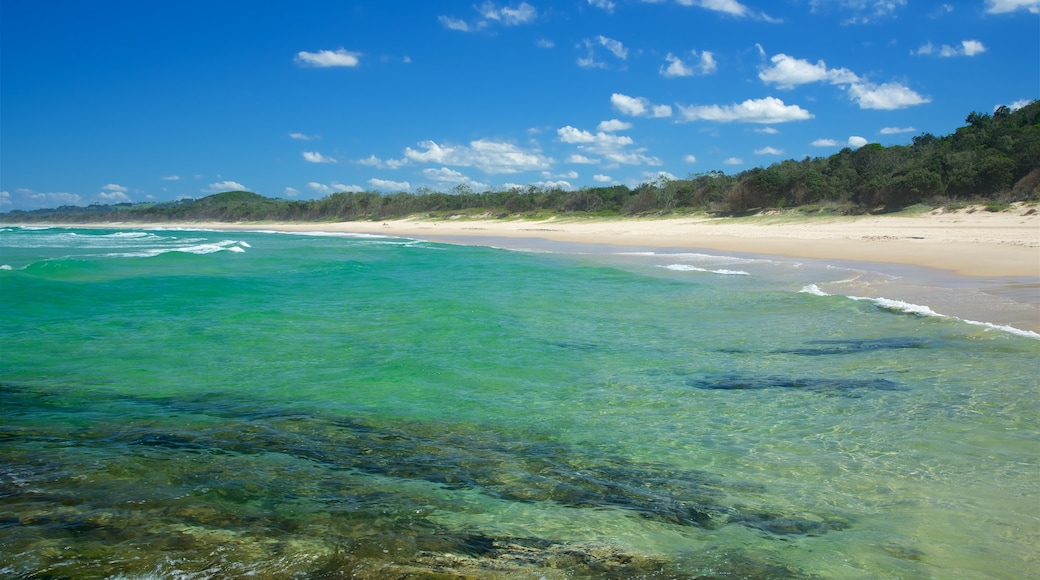 Tallow Beach featuring a sandy beach and rocky coastline