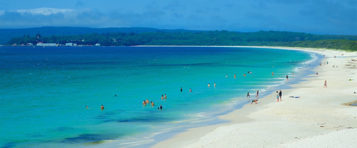 Huskisson featuring a sandy beach and general coastal views as well as a large group of people