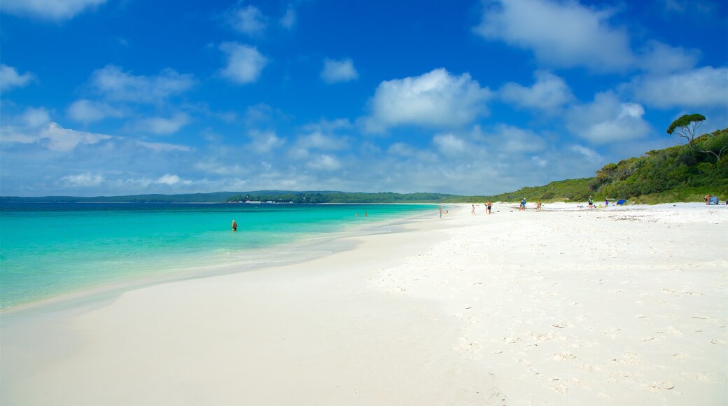 Jervis Bay que incluye vista general a la costa y una playa de arena