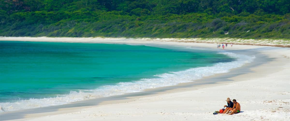 Parque nacional Bahía Jervis ofreciendo una playa de arena y vistas generales de la costa y también una pareja