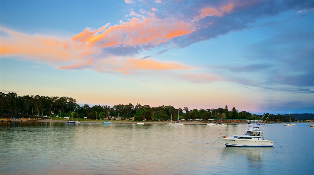 Batemans Bay showing general coastal views, boating and a sunset