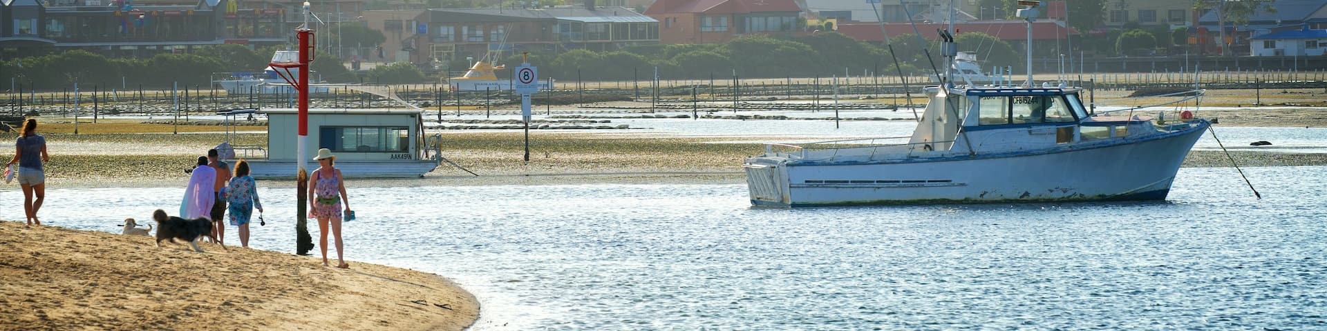Merimbula showing boating, a beach and general coastal views