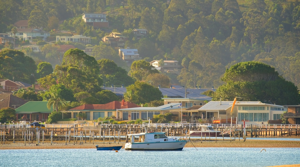 Merimbula mostrando embarcaciones, vistas de una costa y una playa de arena