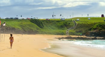 Wollongong South Beach inclusief een strand en algemene kustgezichten en ook een vrouw