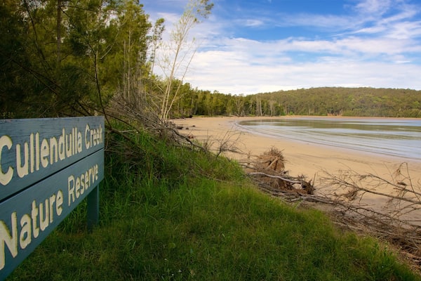 Batemans Bay montrant plage, signalisation et baie ou port