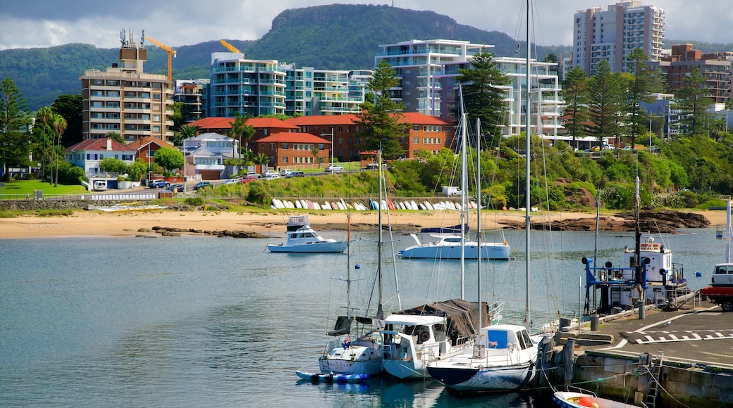 Wollongong mostrando una marina, una playa de arena y una bahía o puerto