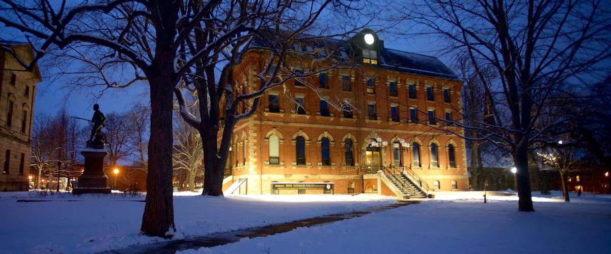 Charlottetown featuring heritage architecture, night scenes and snow
