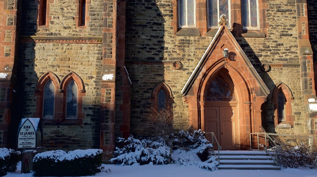 Charlottetown which includes snow and a church or cathedral