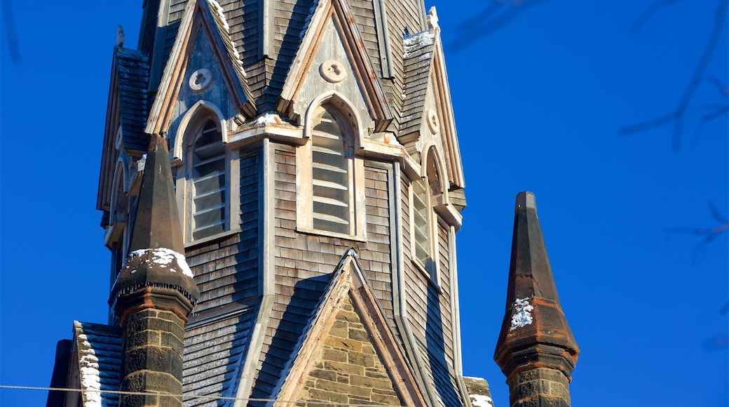 Charlottetown showing a church or cathedral and snow