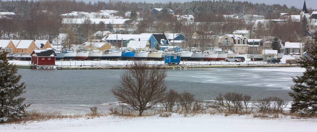 North Rustico showing snow, a small town or village and a lake or waterhole