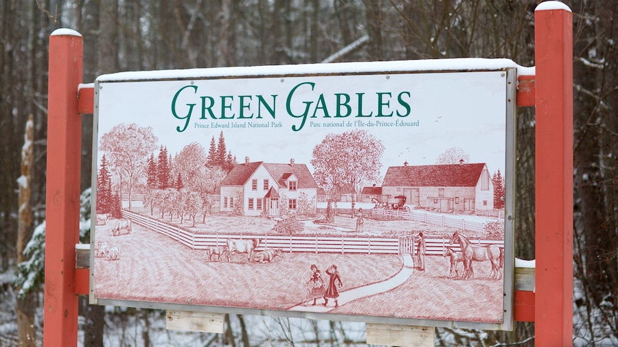 Green Gables featuring snow and signage