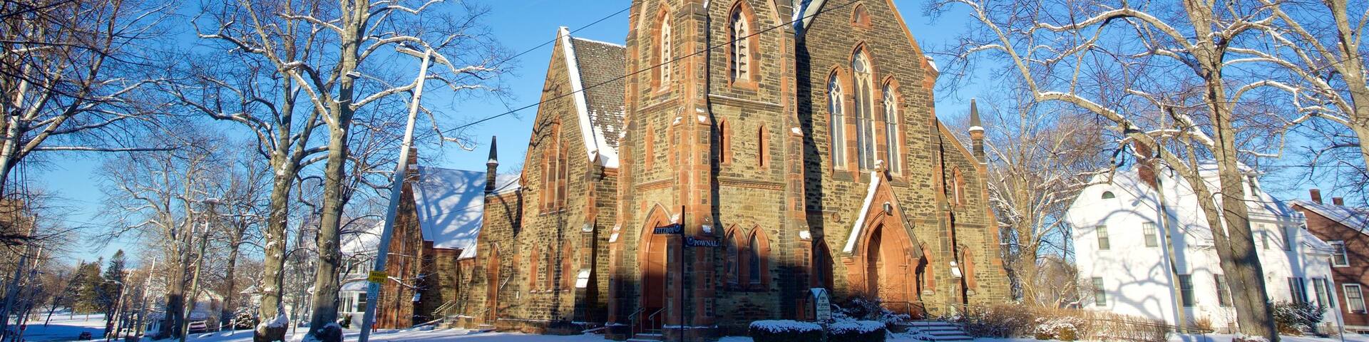 Charlottetown showing snow and a church or cathedral
