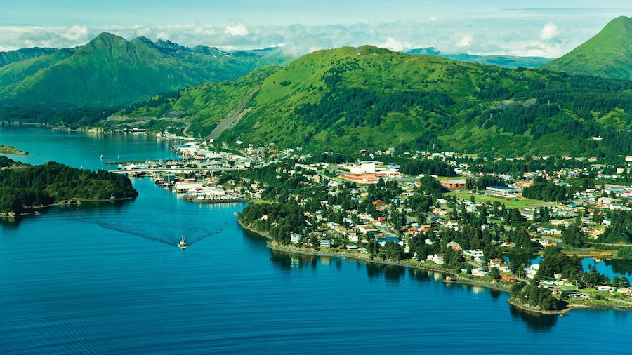 Kodiak ofreciendo un río o arroyo y montañas