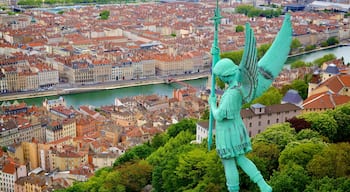 Lione mostrando fiume o ruscello, statua o scultura e città