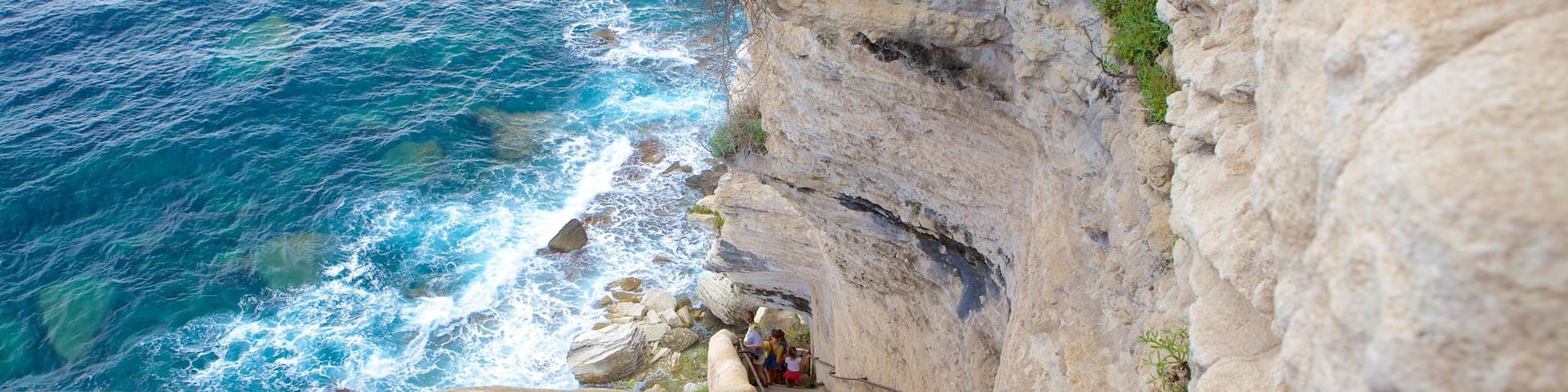 Escalier du Roi d\'Aragon which includes hiking or walking and rugged coastline as well as a family