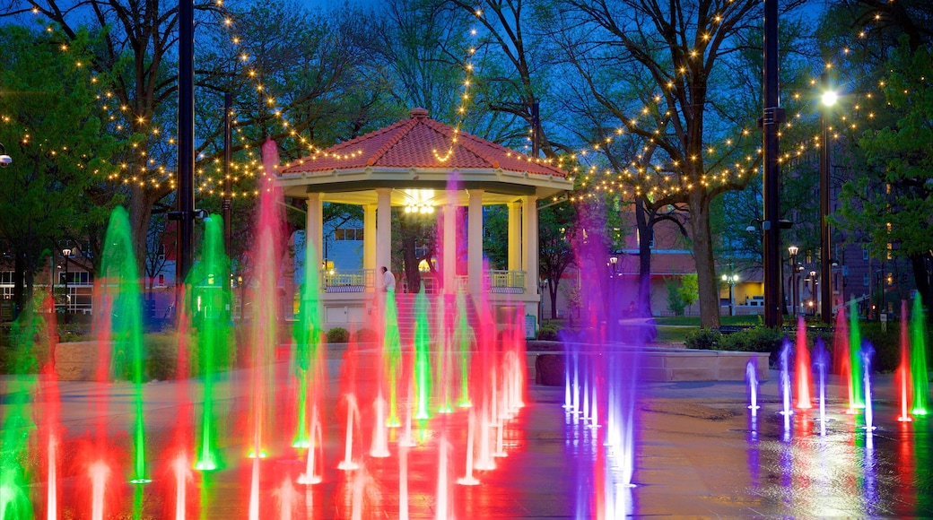 Cincinnati Music Hall welches beinhaltet bei Nacht und Springbrunnen