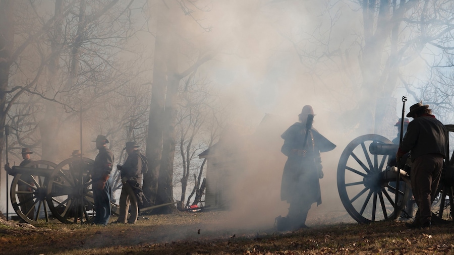 Prairie Grove Battlefield State Park which includes mist or fog, military items and performance art