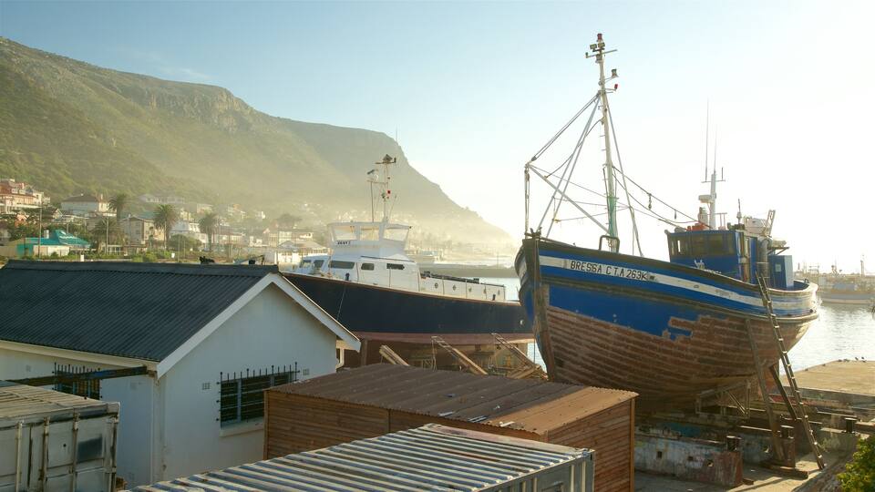 Kalk Bay que incluye una localidad costera y embarcaciones